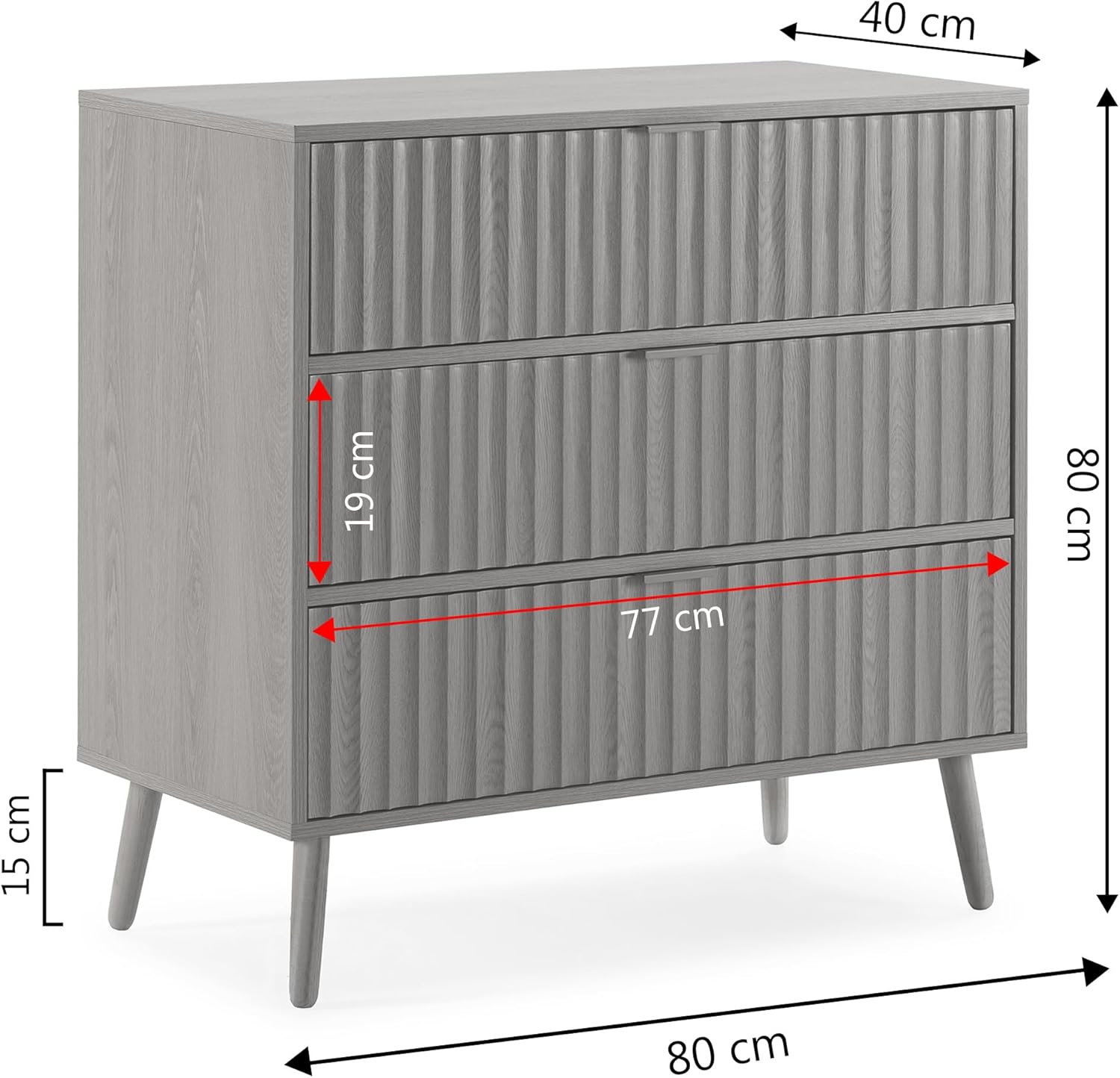Nachttisch Regenkommode mit 3 Schubladen, Eiche, Metallschienen, 80 cm (Breite) 40 cm (Tiefe), 80 cm (Höhe)