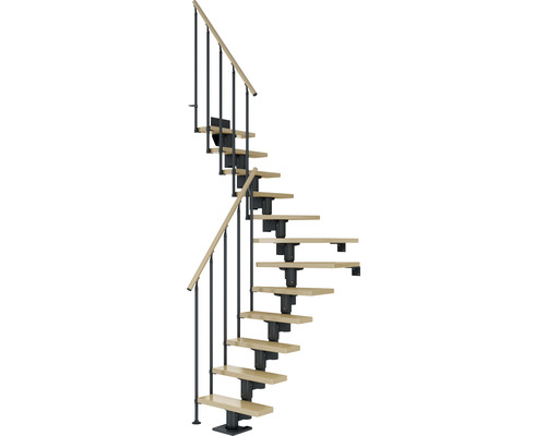 Pertura Spiros middentrap, antraciet, kwartslag, links/rechts onder, balustrade 75 cm, esdoorn gelamineerd hout, gelakt, 11 treden / 12 stootborden