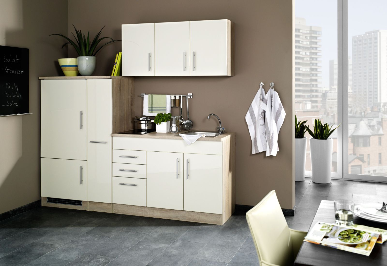 Küchenblock TORONTO - creme - mit E-Geräten - Glaskeramikkochfeld - 210 cm