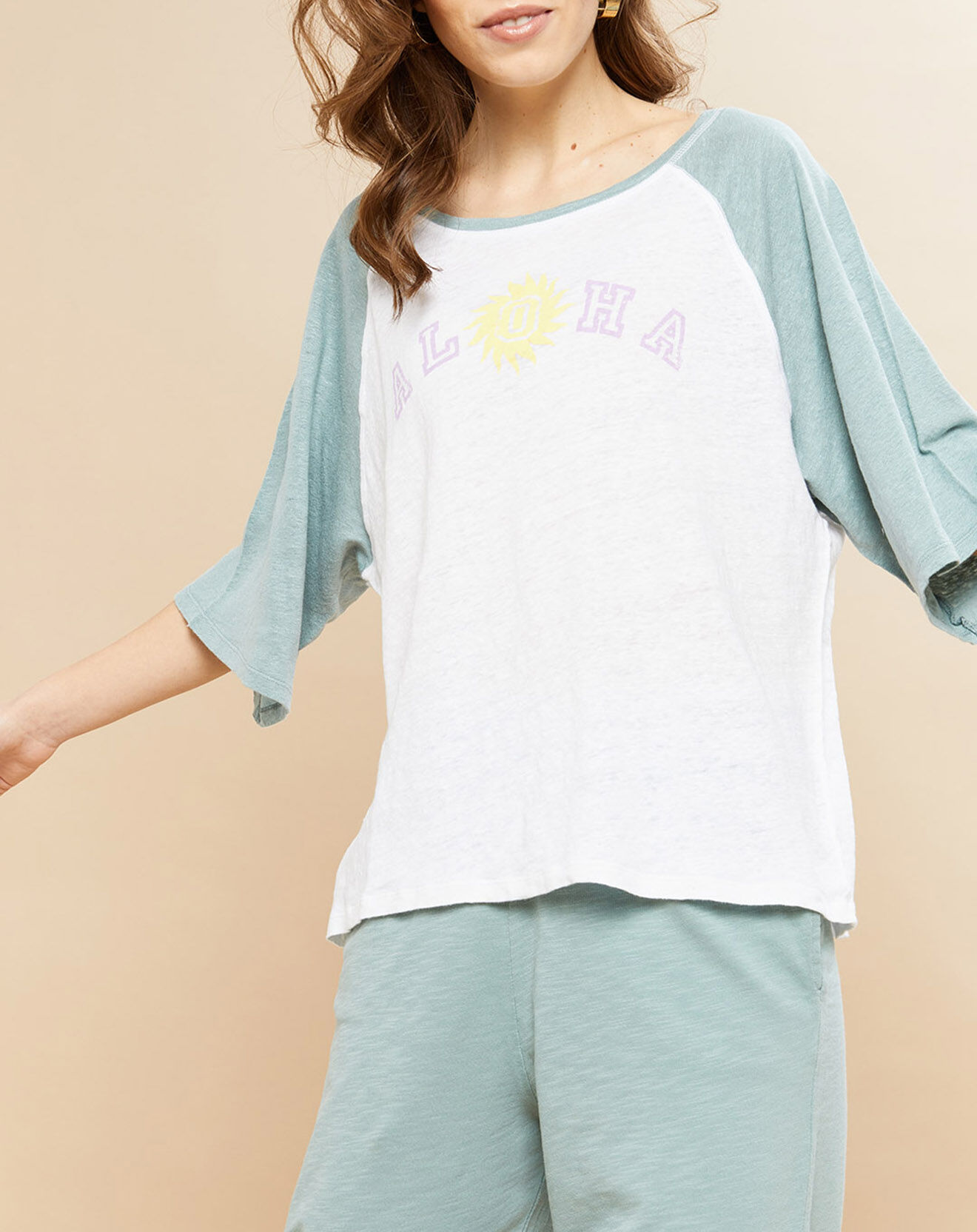 Hartford T-Shirt 100% Lin Tekla eucalyptus/blanc