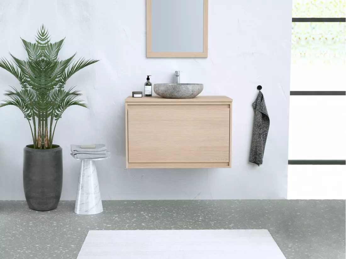 Meuble de salle de bain suspendu avec vasque à poser en pierre - Placage chêne - 80 cm - MESLIVA