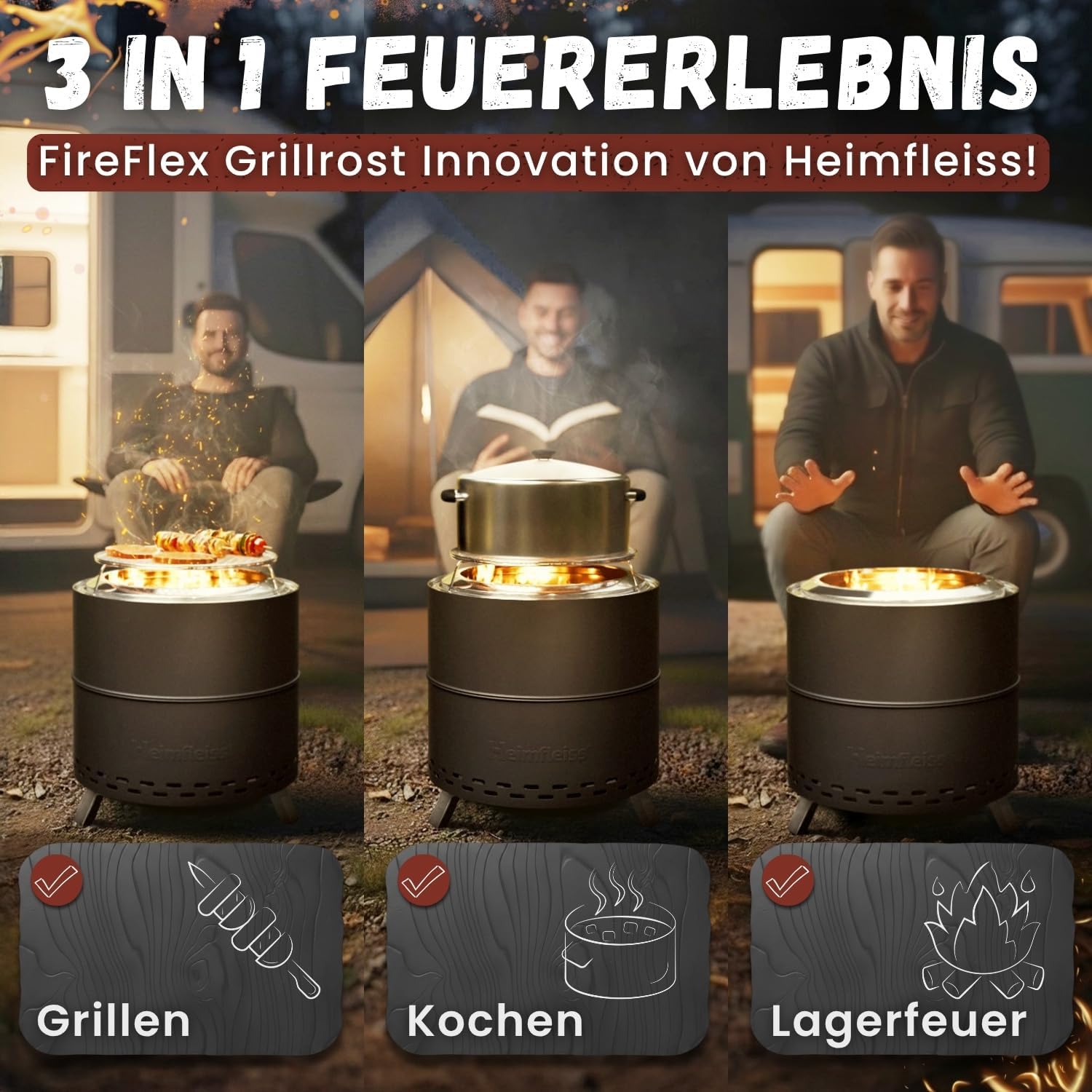 Heimfleiss® Rauchfreie Feuerschale Edelstahl Ø50cm | Feuerkorb mit Grillrost | Feuerschale Rauchfrei für Garten, Camping, Balkon & Terrasse | Rauchfreie Feuerstelle mit Grill | Feuertonne ohne Rauch