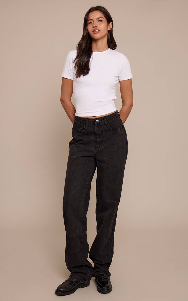 Noir Délavé Jean Droit En Denim Taille Haute
