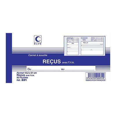 ELVE - Carnet à souche reçus avec TVA - 50 feuillets - 10,5 x 21 cm