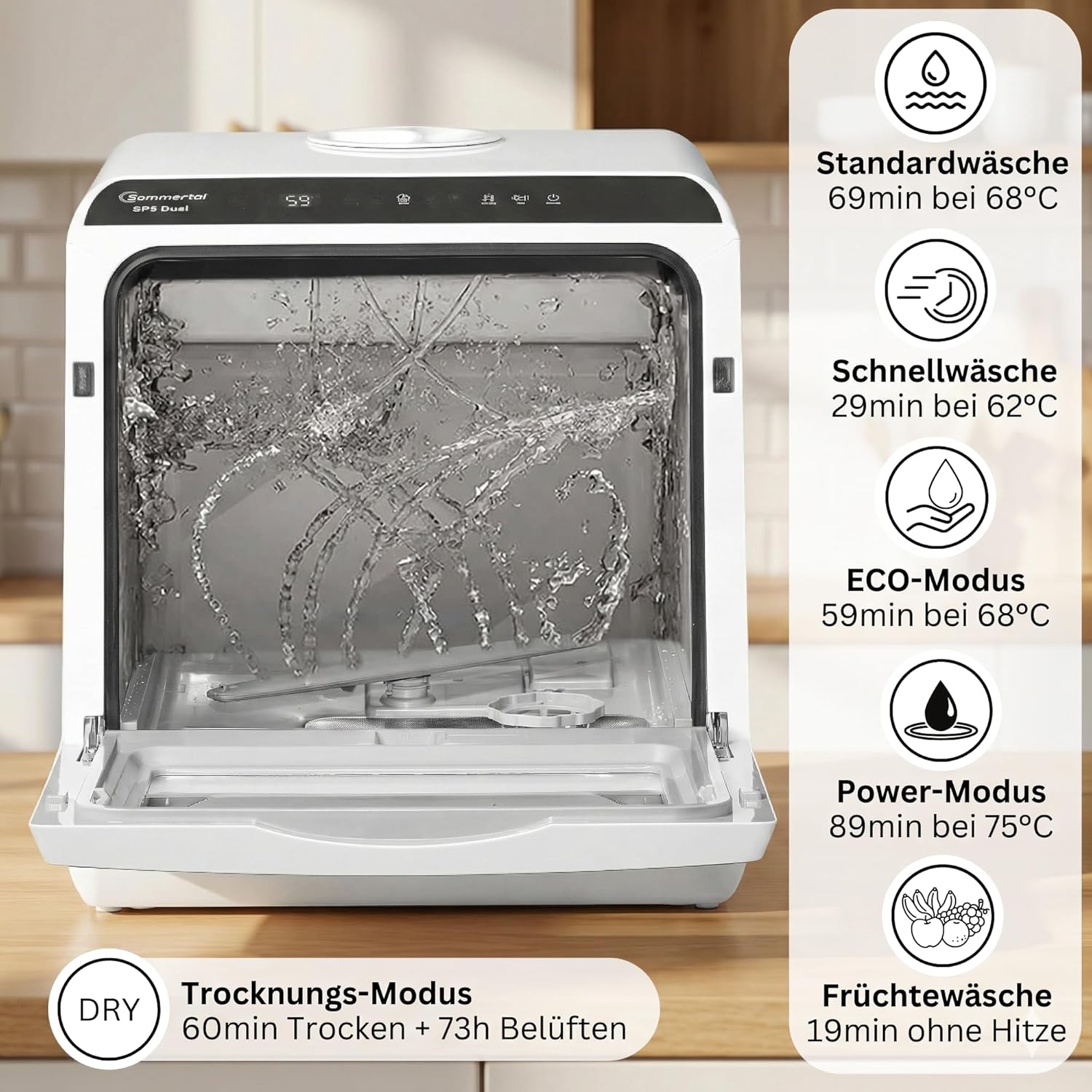 SP5 Mini Geschirrspüler | Tischgeschirrspüler für 1 bis 3 Personen | bis 28cm Teller | 6+1 Funktionen | Kleine kompakte Spülmaschine | freistehend, LED, Touch, 5L Wassertank & Festanschluss