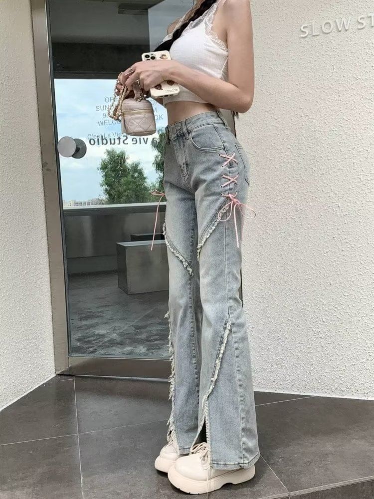 Wildfoea - High Rise Washed Lace Up Slit Fray Flared Jeans