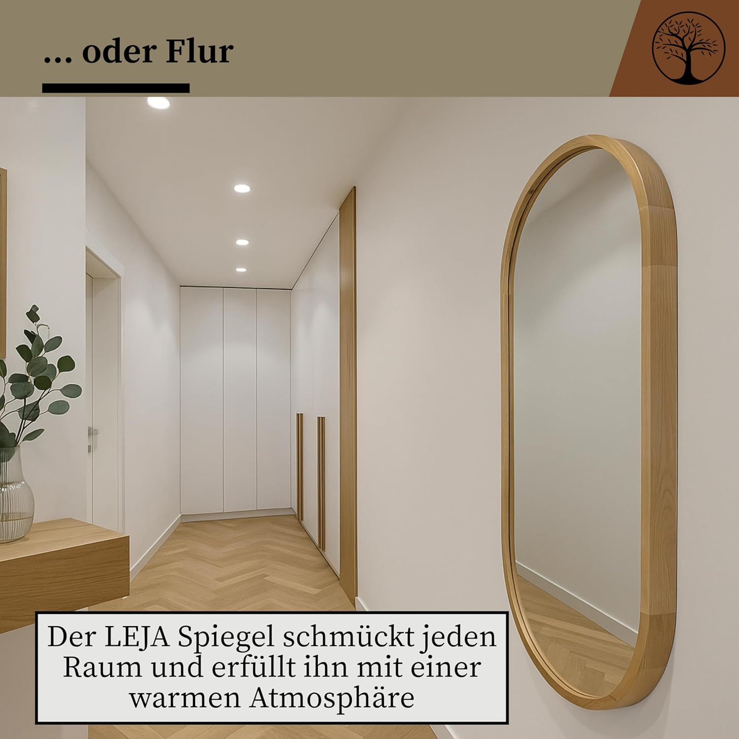 Wandspiegel mit Holzrahmen (120x48 cm) - Oval Spiegel mit Holz Eiche - Ovaler Bad Spiegel für Badezimmer, Flur, Wohnzimmer, Schlafzimmer - Stilvoller Eichenholz Badespiegel LEJA