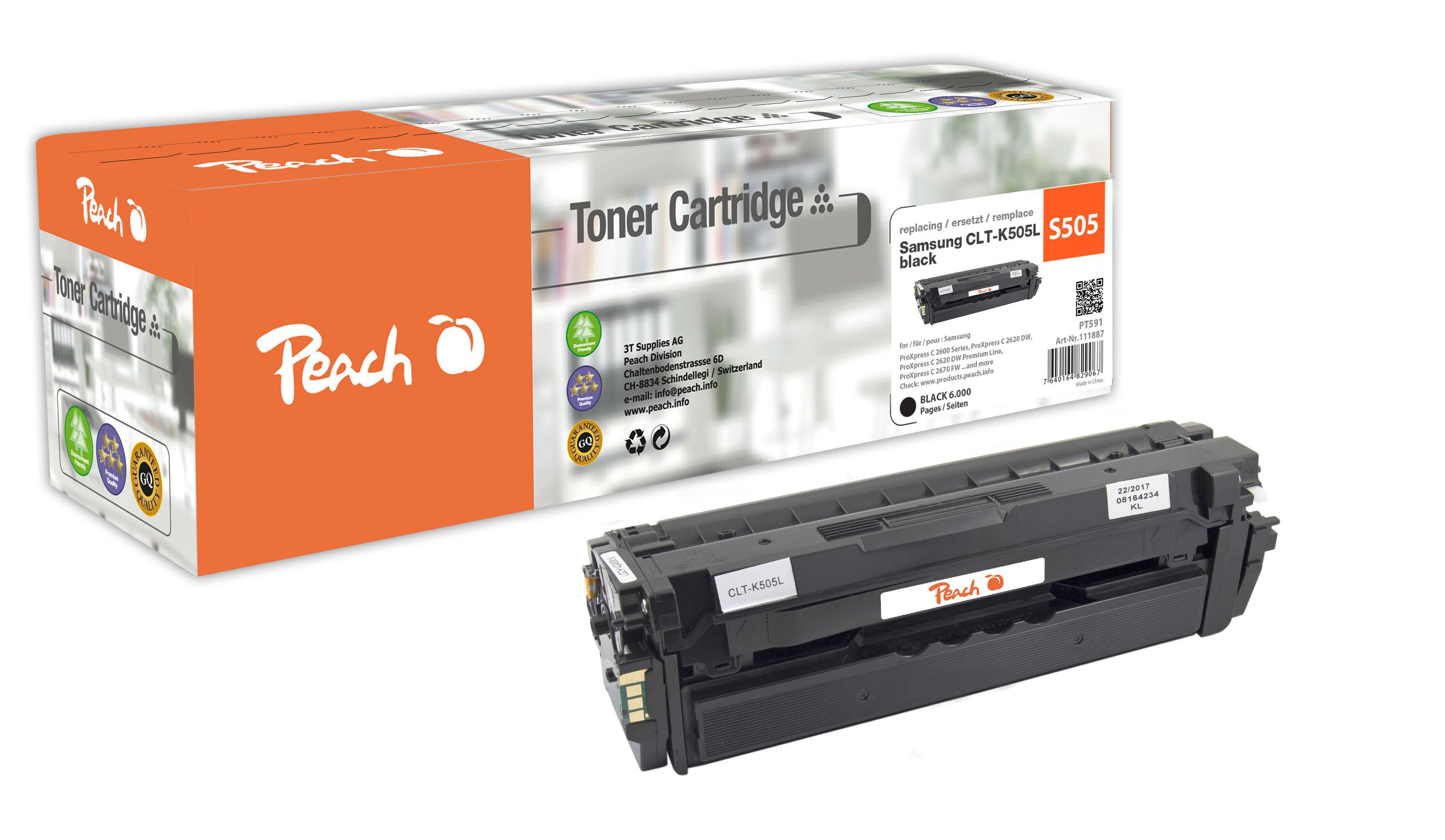 Peach S505Toner bk ersetzt Samsung CLT-K505L, SU168A für z.B. Samsung ProXpress C 2600, Samsung ProXpress C 2620 DW (wiederaufbereitet)