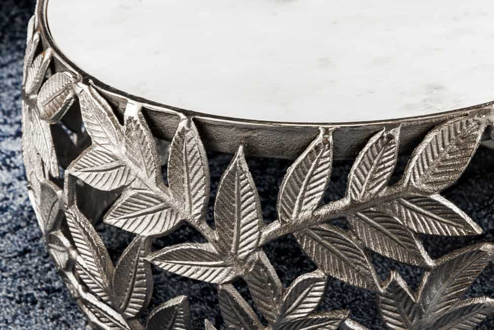 Rundes 2er Set Couchtische ABSTRACT LEAF 70cm weiß silber Marmor Metall Blatt-Design