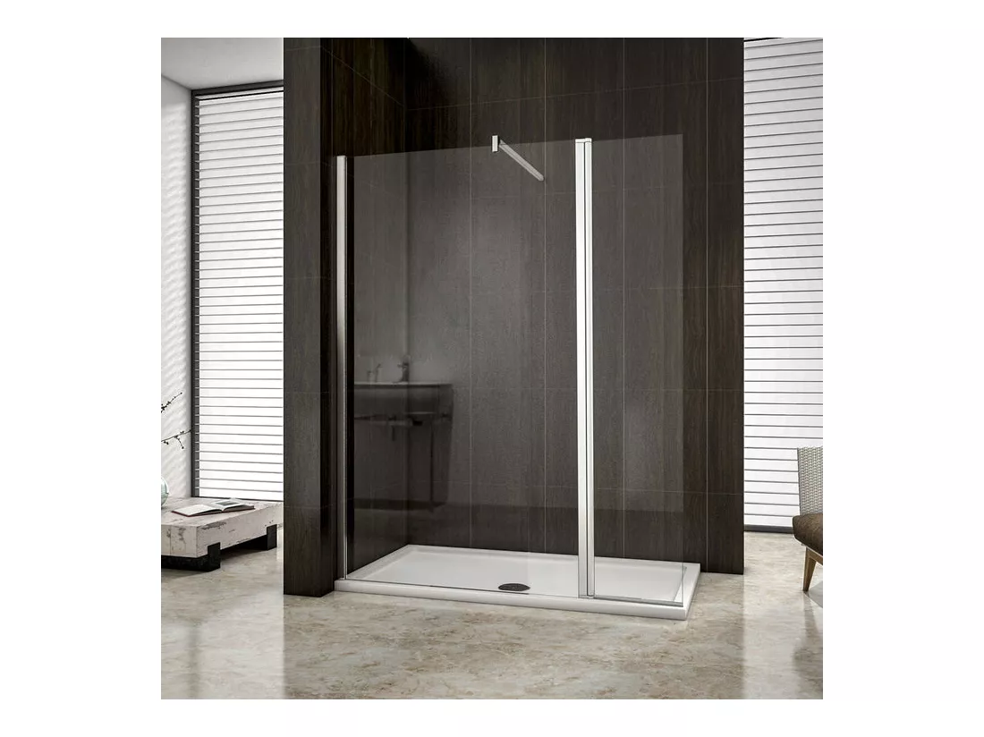Paroi de douche à l'italienne 120+30x200cm avec retour pivotant - Verre 8mm trempé - Avec barre de fixation 140cm en carré