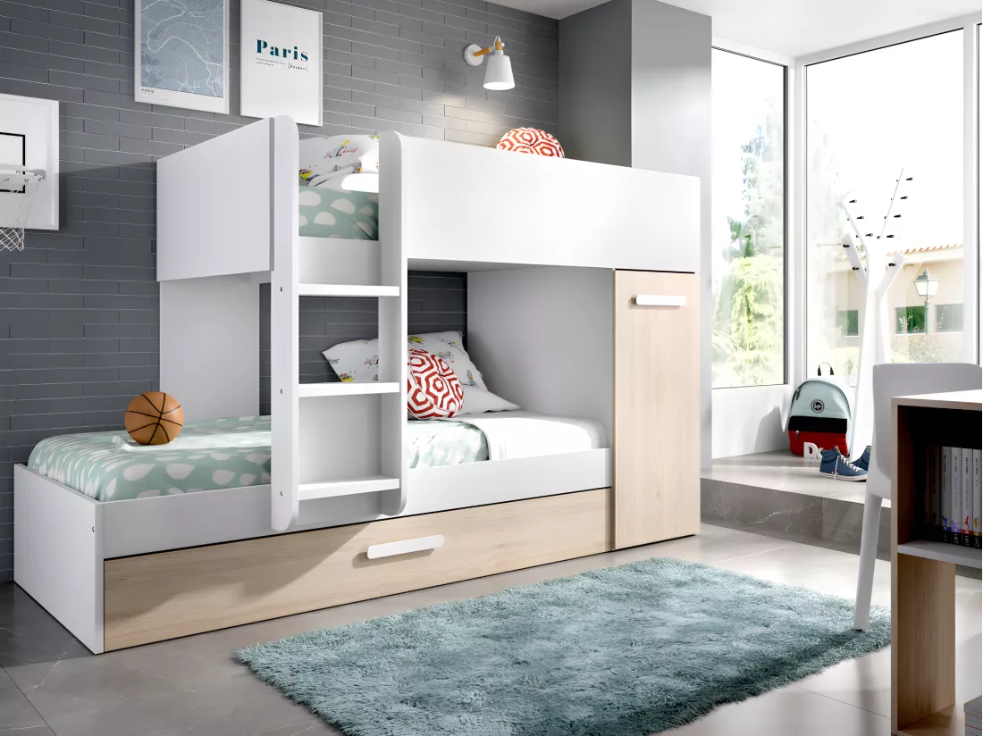 Lits superposés avec tiroir lit gigogne et rangements 3 x 90 x 190 cm - Blanc et Naturel + matelas - ANTHONY