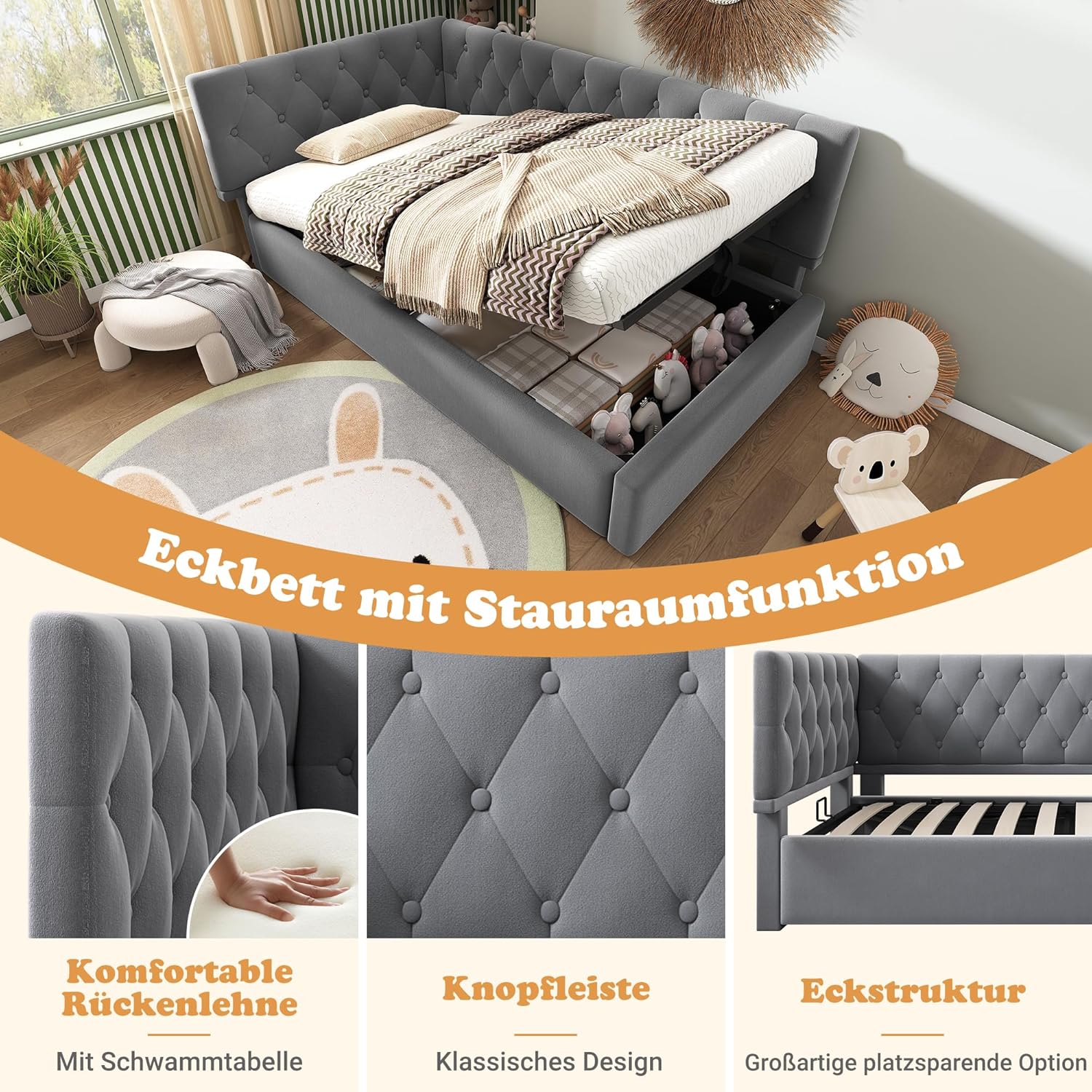Polsterbett 90x190 cm, Einzelbett Tagesbett mit Hydraulischer Stauraum, Stauraumbett Kinderbett Jugendbett Daybett Gästebett Schlafsofa Bettgestell mit Lattenrost aus Holz, Ohne Matratze, Samt, Grau