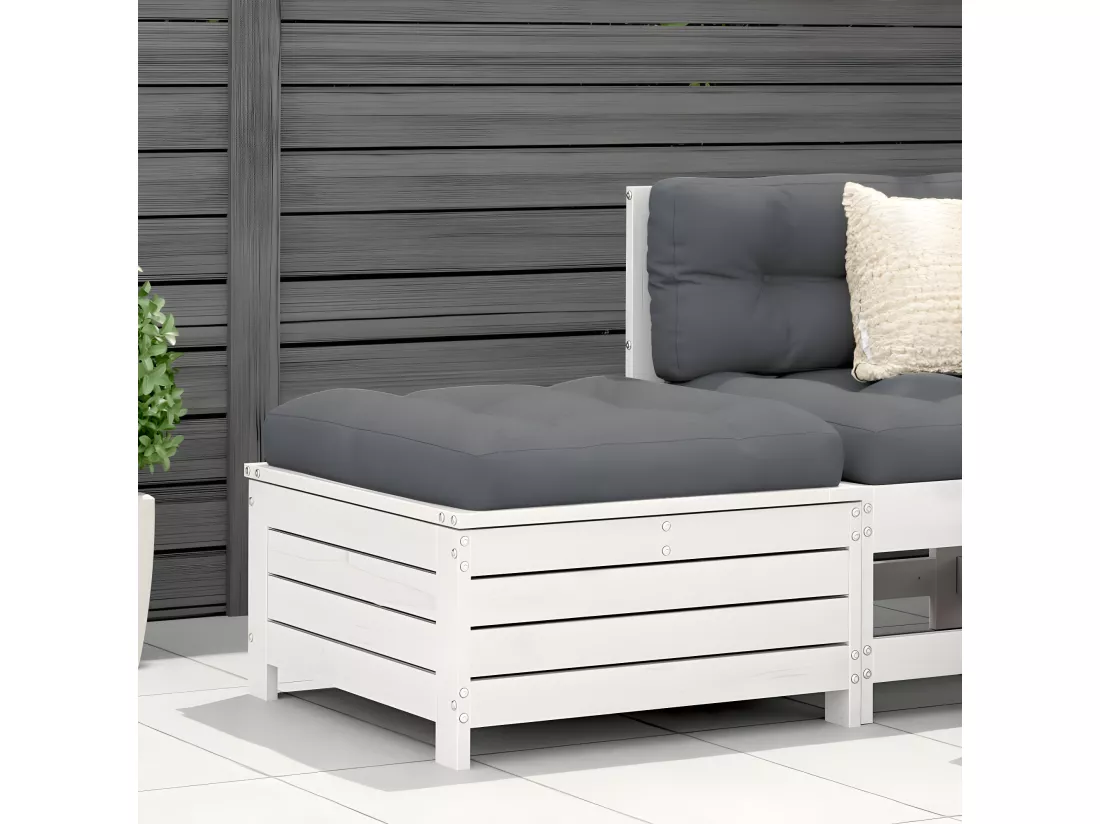 Repose-pied de jardin avec coussin blanc bois de pin massif