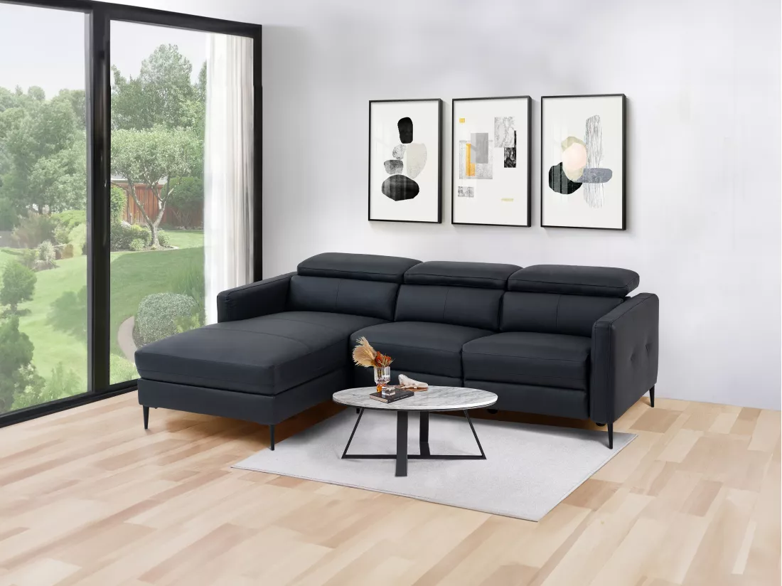 Canapé d'angle gauche relax électrique en cuir noir FUSETA