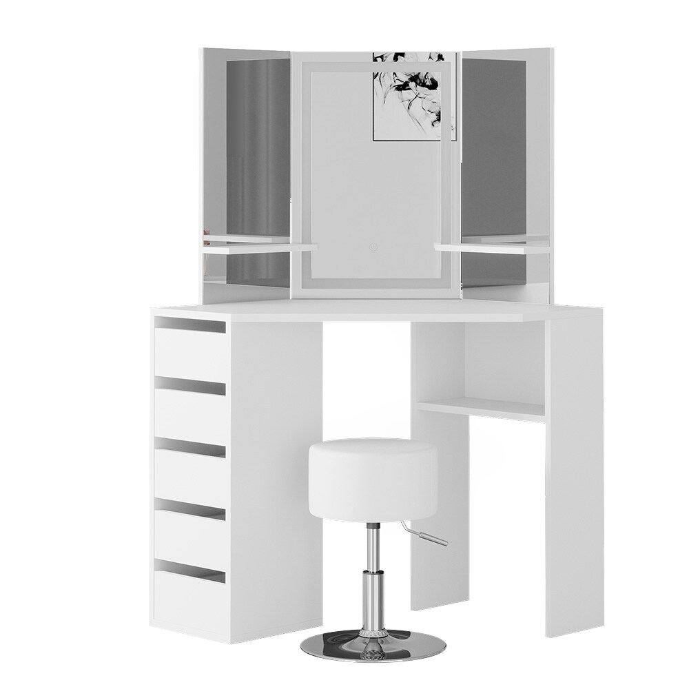 Vicco Eckschminktisch Frisiertisch Schminkkommode Arielle Weiß LED-Spiegel Hocker 111x142 cm modern Schlafzimmer Kommode Schublade Ablage Aufbewahrung Kosmetiktisch Schminkkonsole Make-Up-Tisch