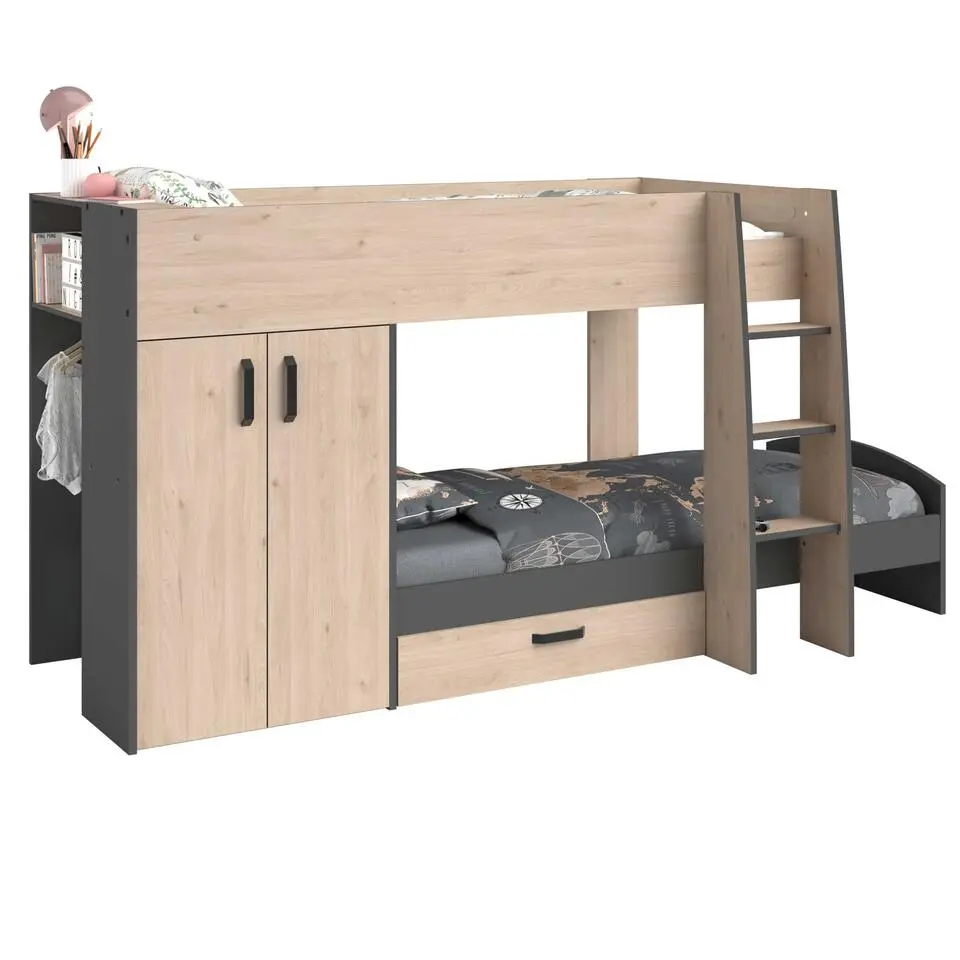 Stapelbed Stim met kast & lade - eik/grijs