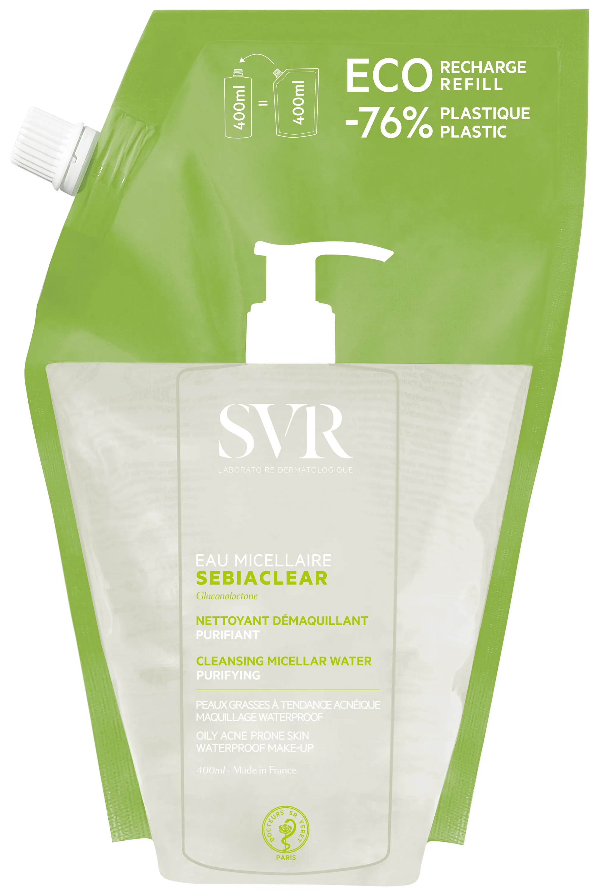 SVR Eau micellaire purifiante et matifiante rechargeable Sebiaclear-400 ml