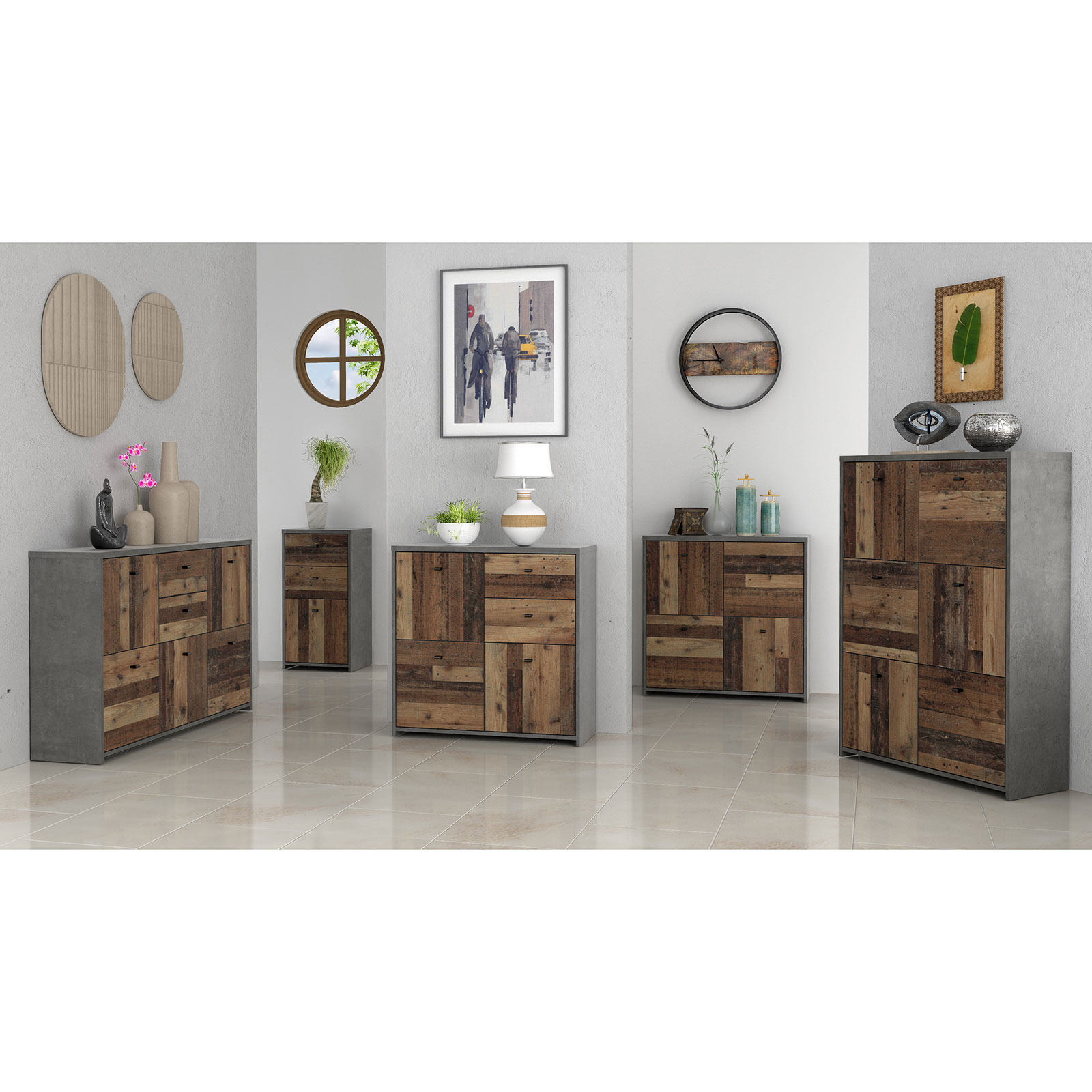 Kommode - Betonoptik-Old Wood Vintage - 77 cm breit - 6 Türen