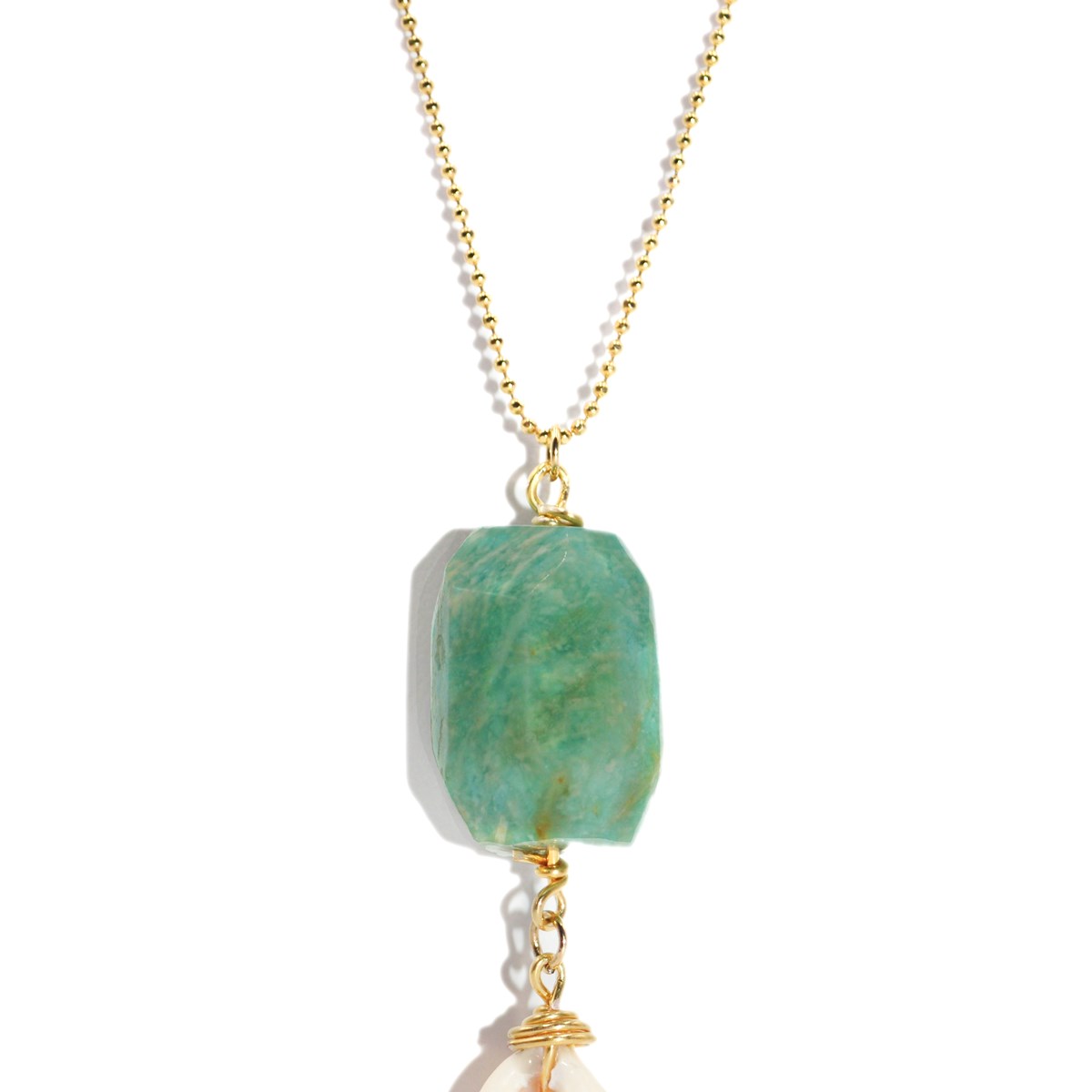 Sautoir pierre d 'amazonite et coquillage cauri