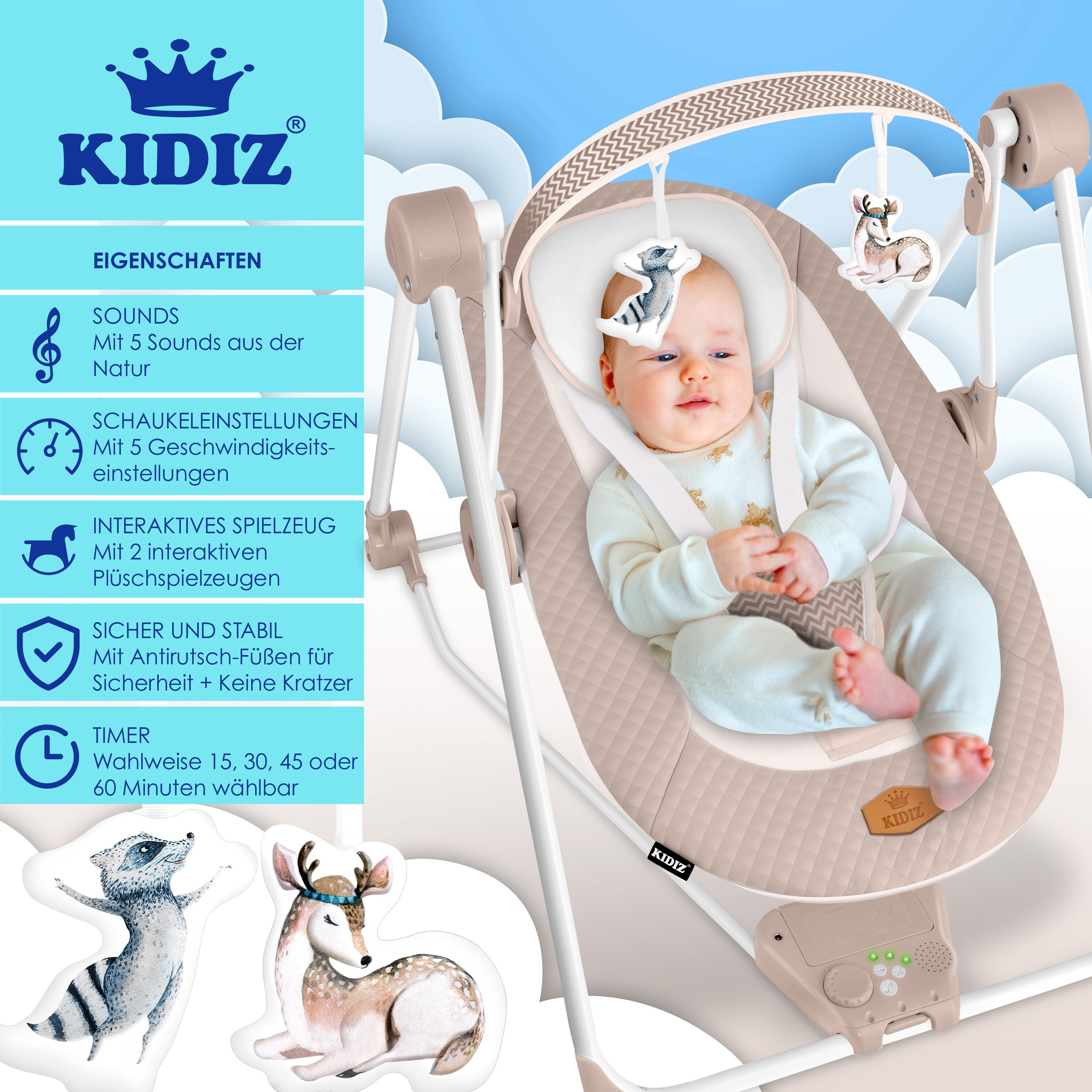 KIDIZ® Babywippe Babyschaukel mit 5 Geschwindigkeitseinstellungen zusammenklappbarer Baby Wippe Schaukel Babyhochstuhl mit Spielbogen Spielzeugen 5 beruhigende Naturgeräusche neugeborene