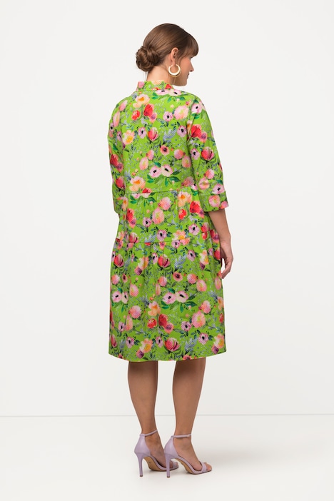 Hemdblusenkleid, Blumen, A-Linie, Hemdkragen, 3/4-Arm