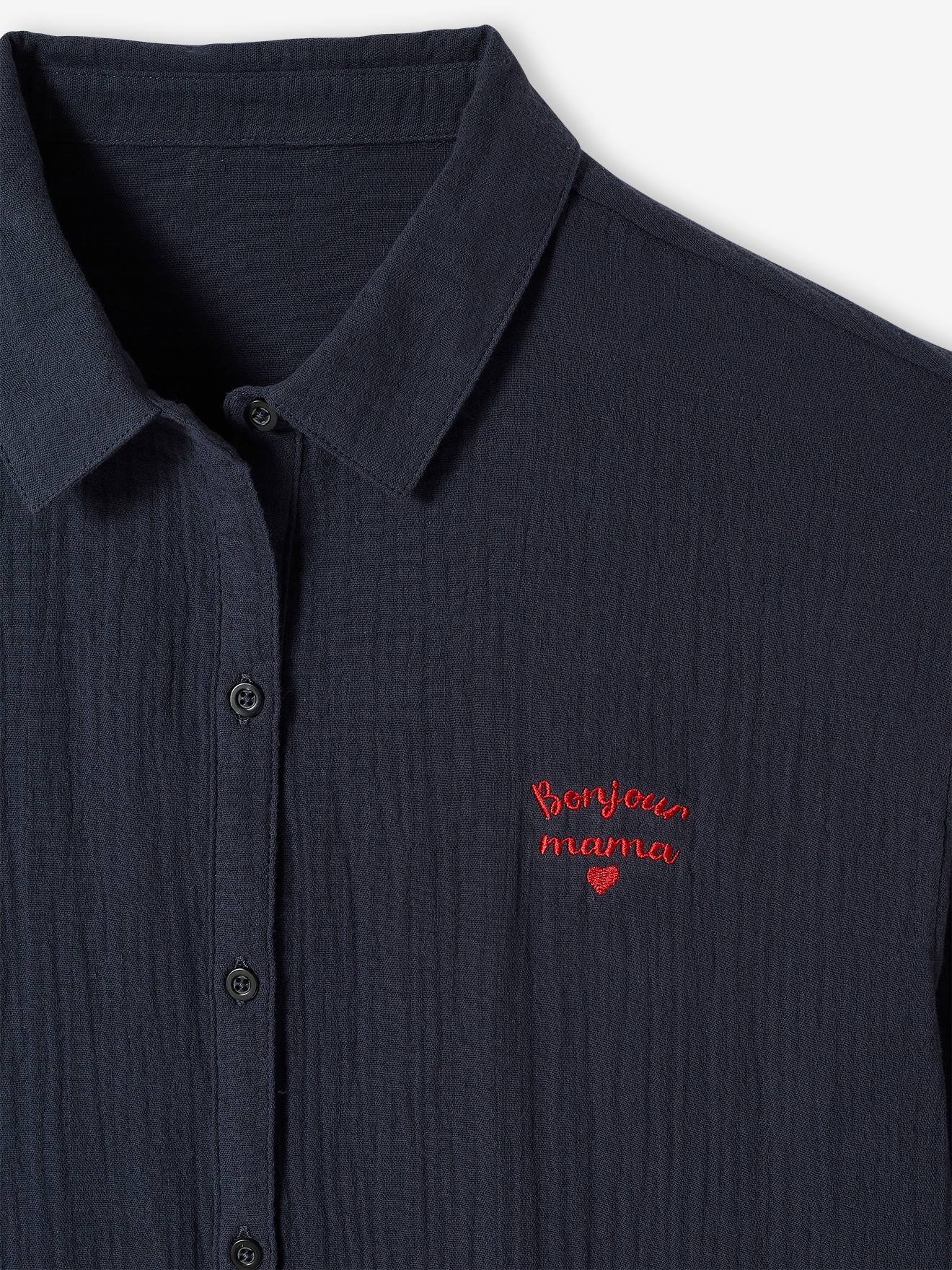 Camisola de amamentação e maternidade em chiffon de algodão cinza escuro.