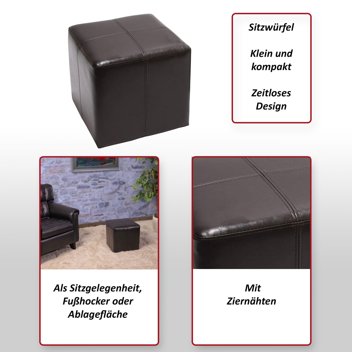 Sitzhocker Carrara, Leder + Kunstleder, 36x36x36cm MVG-zertifiziert ~ braun