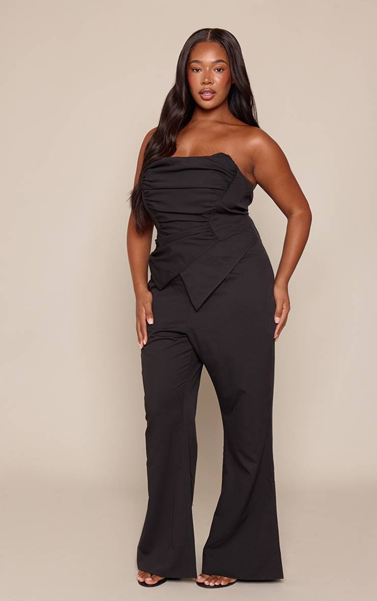Noir Combinaison Bandeau Corset Froncé À Pointe Plus