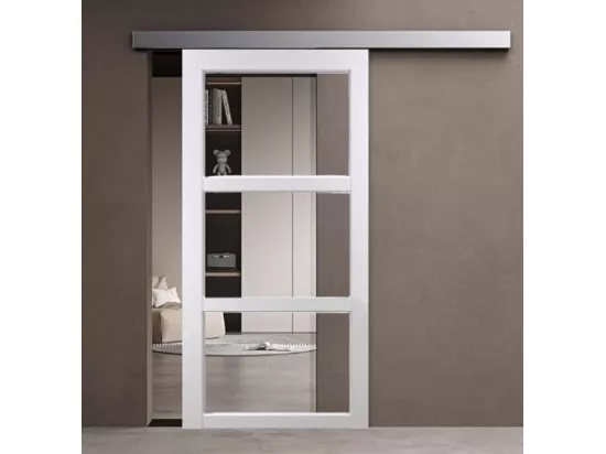 Porte Coulissante Kenya Blanc Vitrage Transparent H204 X L83 + Rail Aluminium Bandeau Blanc Et 2 Coquilles Gd Menuiseries