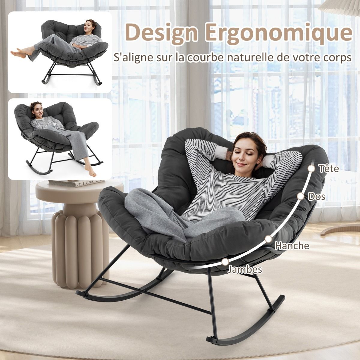 Chaise à Bascule d'Intérieur et d'Extérieur Chaise Papasan Surdimensionnée avec Coussin Rembourré & Cadre en Métal Capacité 205 Kg Gris - Lidl-Manfred