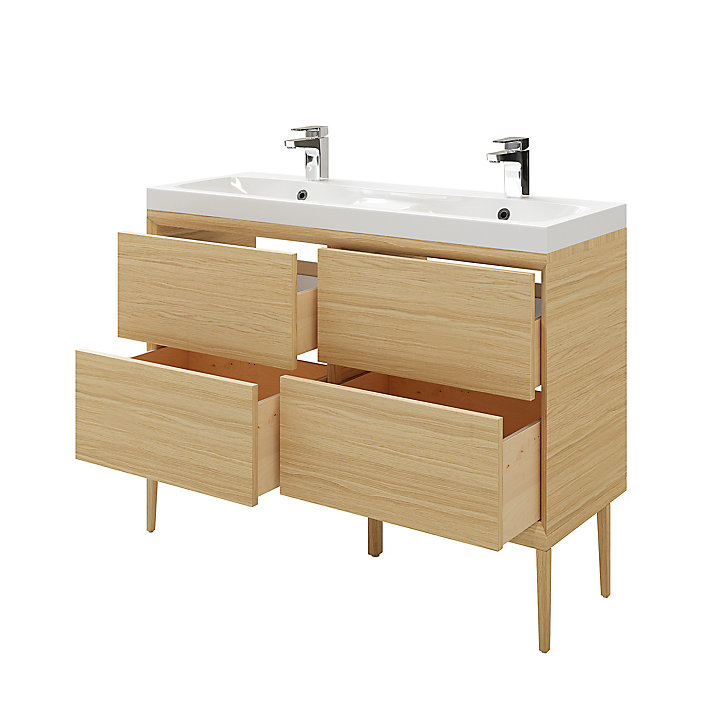 Meuble sous vasque GoodHome Avela placage chêne 120 cm + plan double vasque en résine blanc GoodHome Mila 120 cm + pieds
