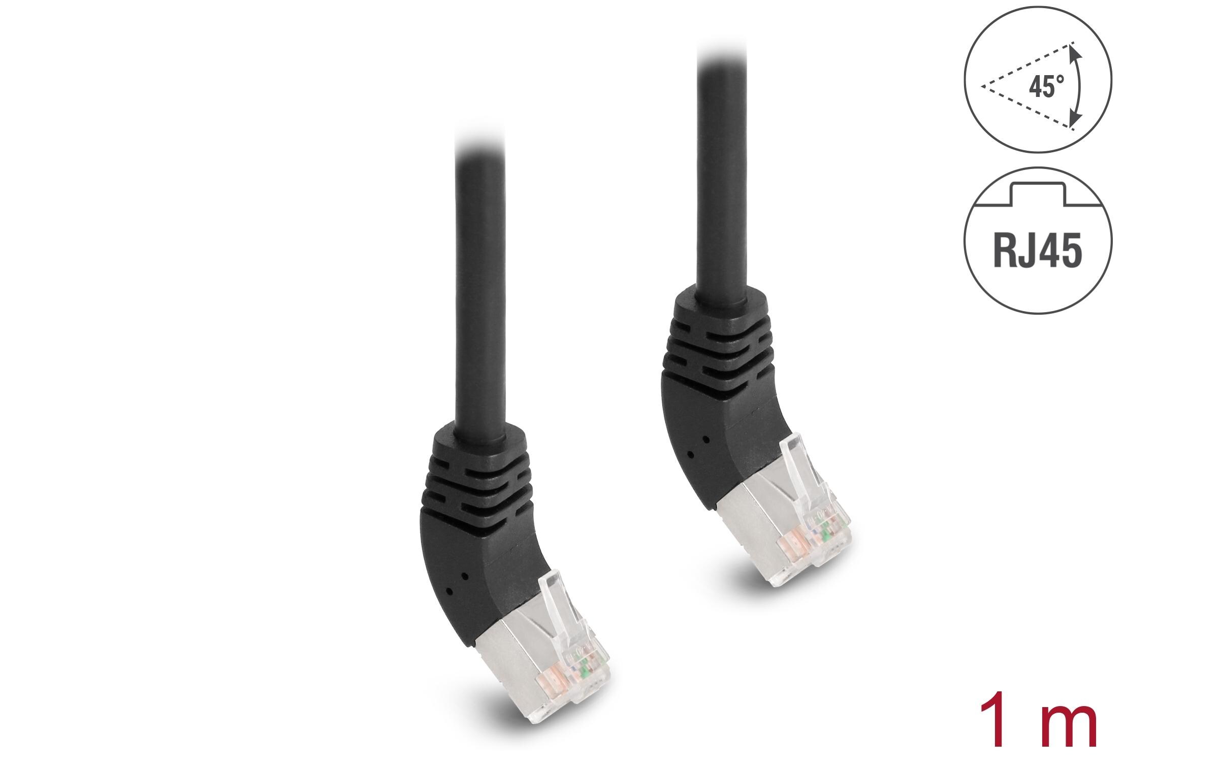 Patchkabel 45° oben gewinkelt Cat 6A, S/FTP, 1 m, SchwarzDelock RJ45 Netzwerkkabel Cat.6A S/FTP 45° nach oben gewinkelt 1 m schwarz