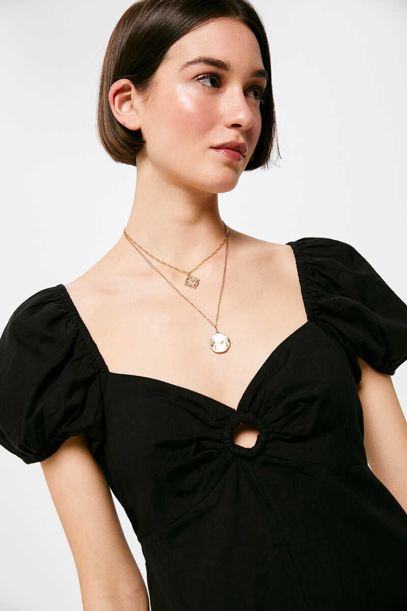 Vestido midi com recortes no decote, em mistura de linho e algodão - Preto