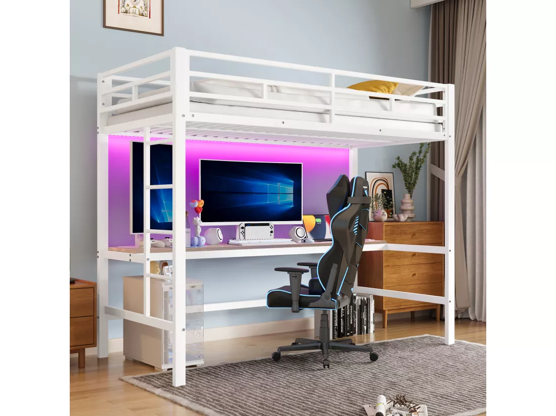 Lit mezzanine garde-corps et escabeau - 90 x 200 cm - avec USB et table - LED - sans matelas - métal - white