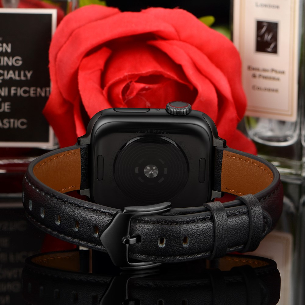 Apple Watch (42/41/40/38 mm) Echtleder Ersatz Armband mit Dornschliesse (Gelenkumfang 156-221 mm) - Schwarz