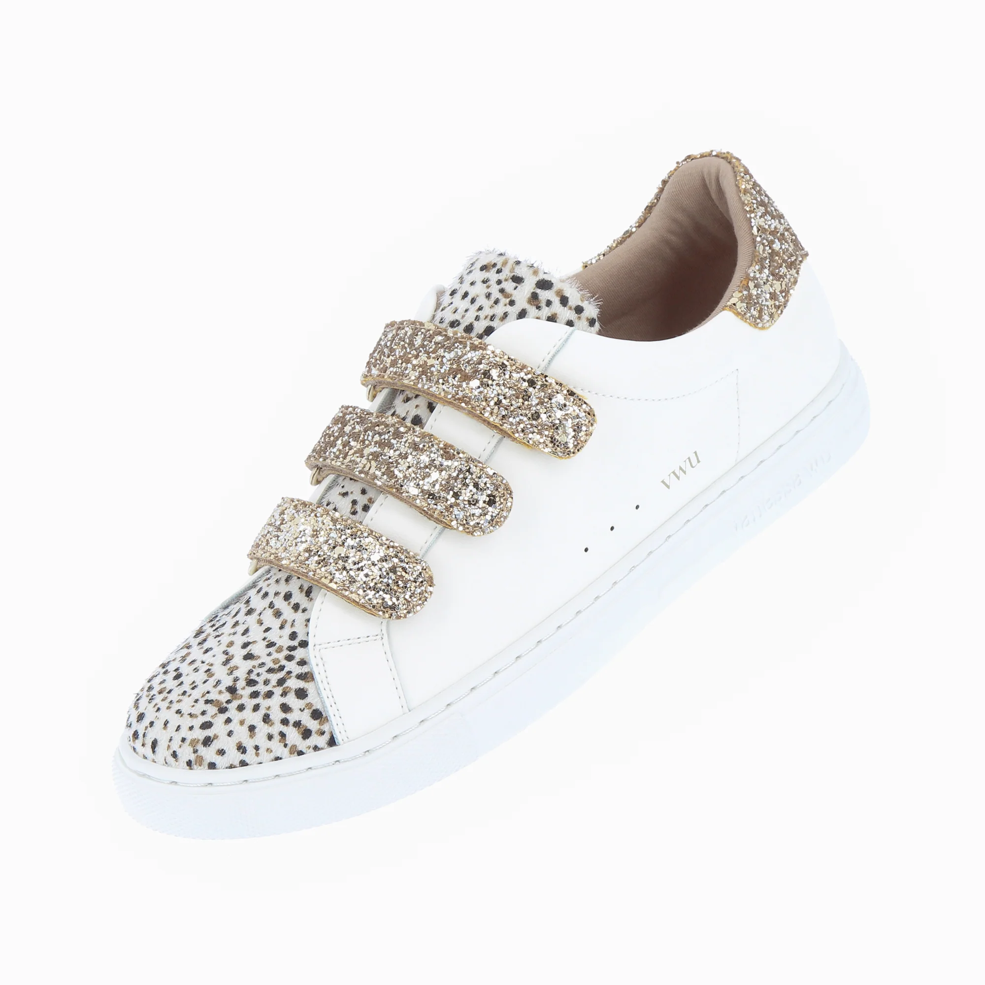 Sneakers-Baskets Nour blanc et imprimé léopard à scratchs or