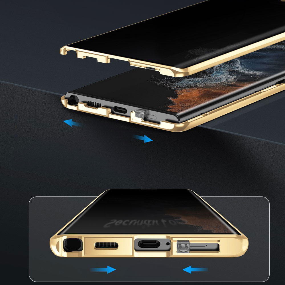 Samsung Galaxy S24 Ultra Magnetische Alu Schutzhülle mit Panzer Glas Backcover   Privacy Display- / Kameraglasschutz (Verschlussmechanismus) - Lila