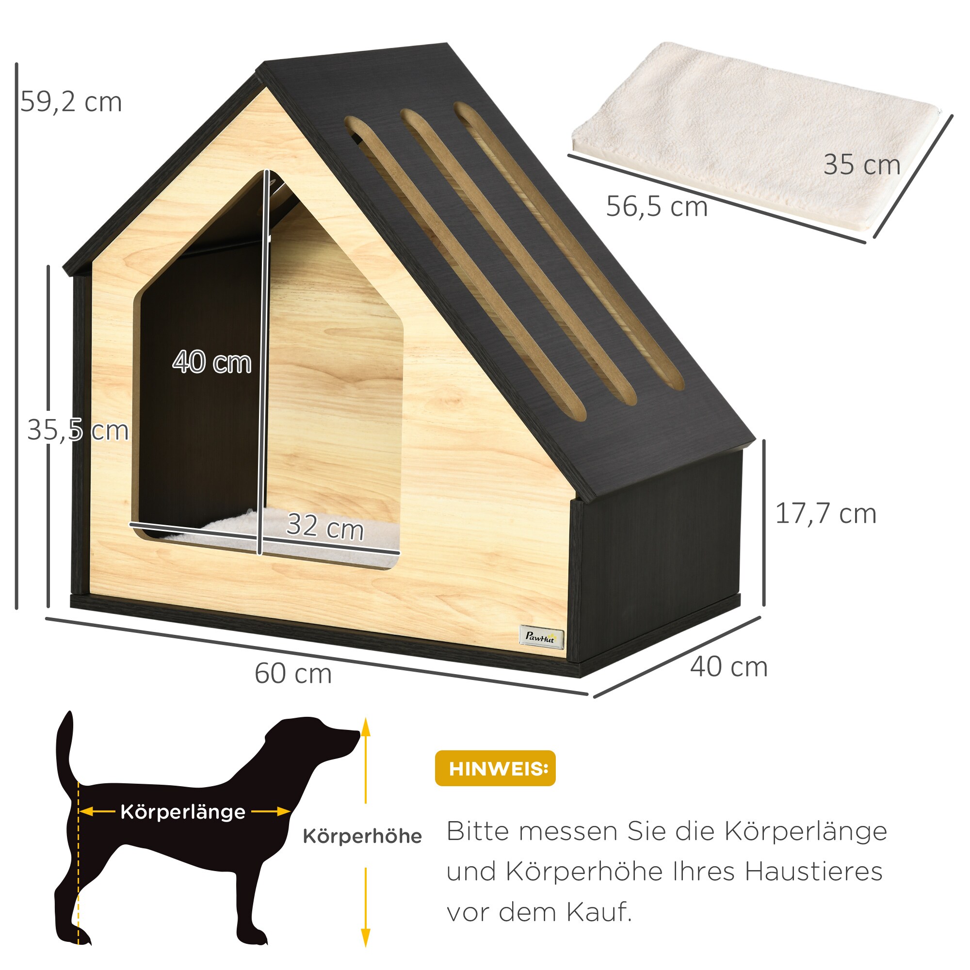 PawHut Hundehütte mit Kissen braun 60B x 40T x 59,2H cm