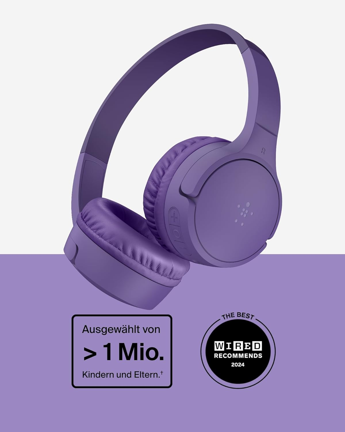 SoundForm Mini Wireless Bluetooth On-Ear Kinder Kopfhörer mit Mikrofon   85dB Lautstärke-Begrenzung (AUD002HQPUV3) - Lila