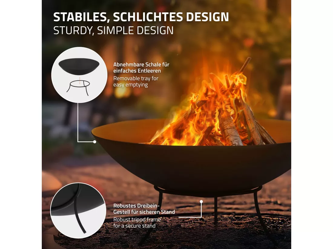 Bol à feu basero noir en acier avec 3 pieds foyer grille barbecue Ø 55 x 24 cm