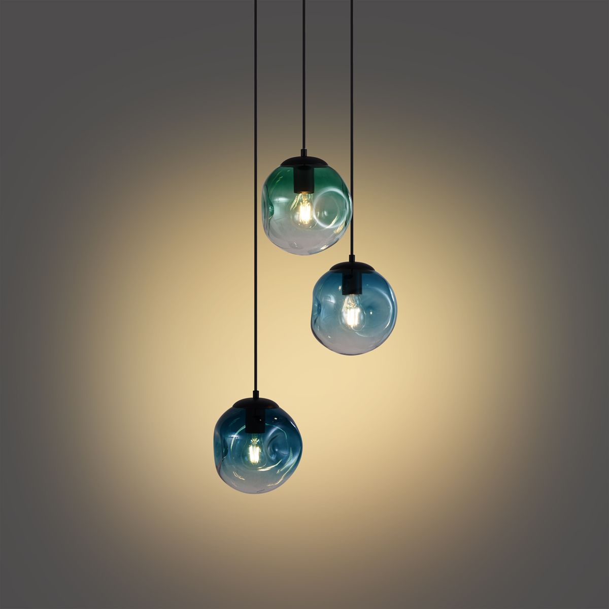 Art deco hanglamp zwart met blauw en groen glas 3-lichts - Douglass