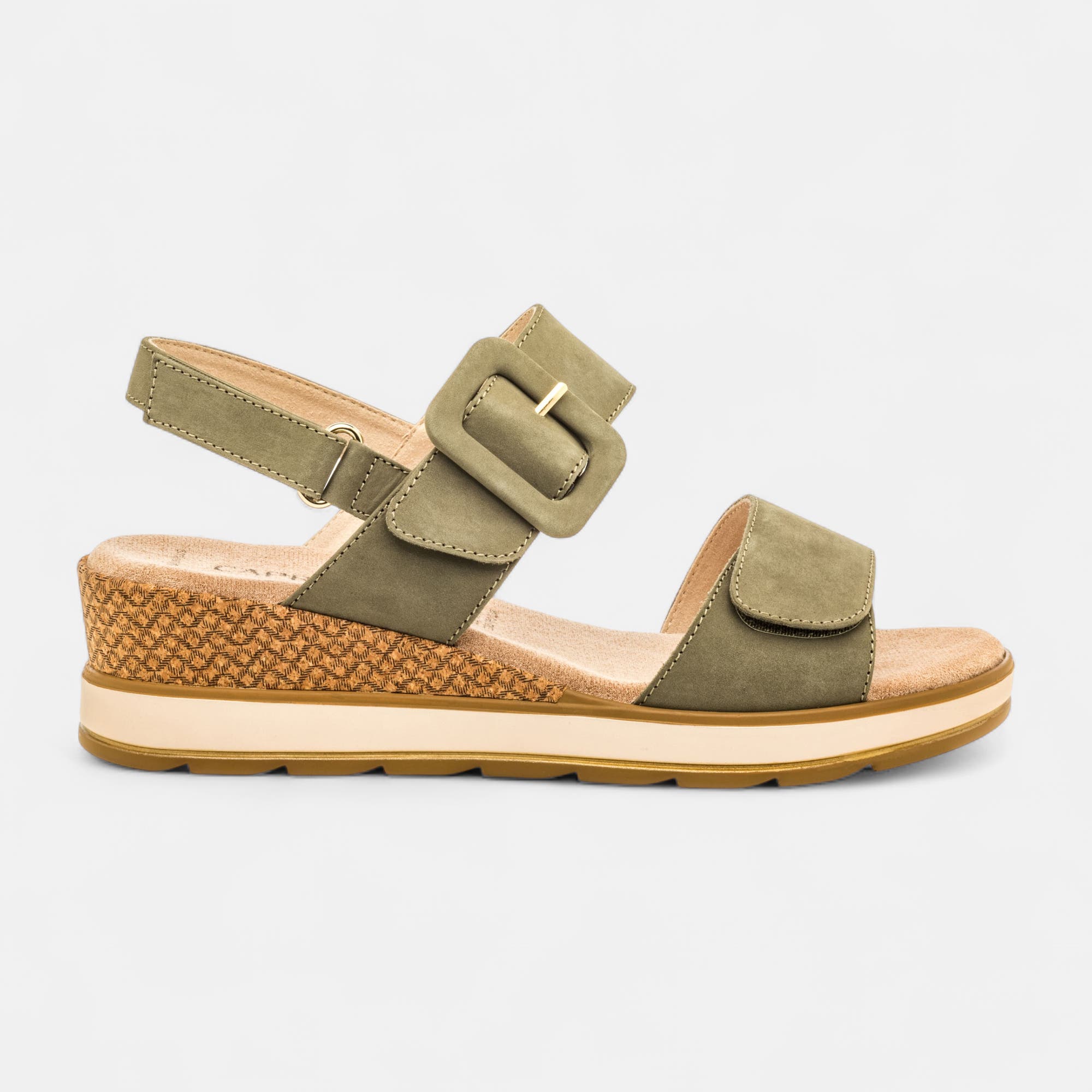 Sandales à talon compensé Femme en cuir kaki
