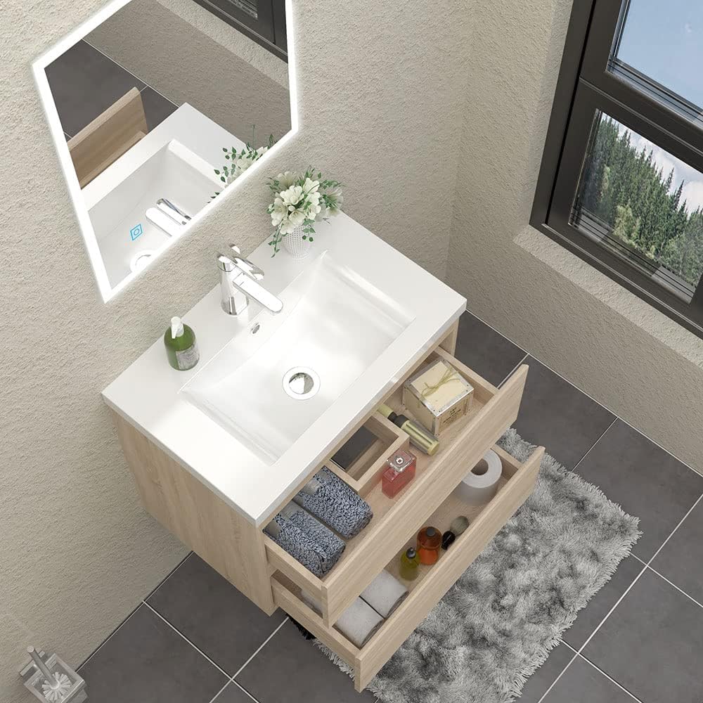 Waschbecken mit unterschrank Badezimmer 60 cm Breit Badmöbel Set mit Waschbecken und 2 Soft-Close Schubladen Waschtisch Unterschrank Eiche für Badezimmer Hängend