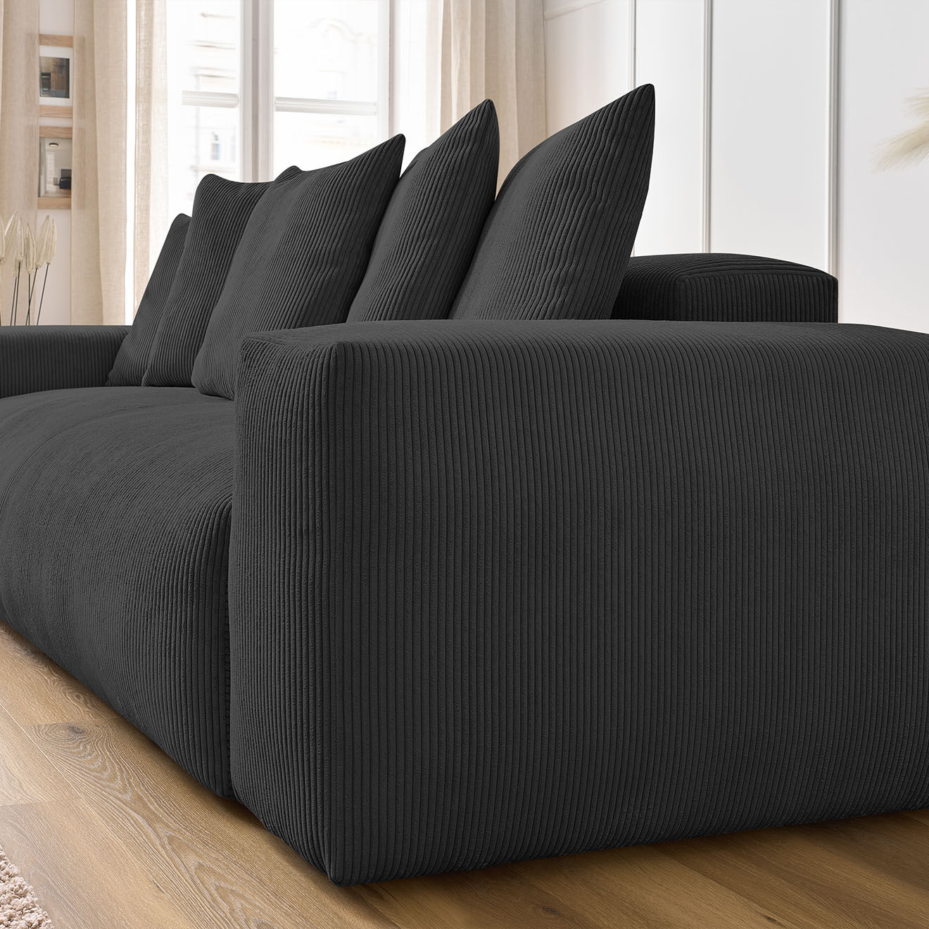 Bobochic Canapé droit fixe 3 places ultra moelleux voltaire velours côtelé gris foncé - 280x124x75 cm