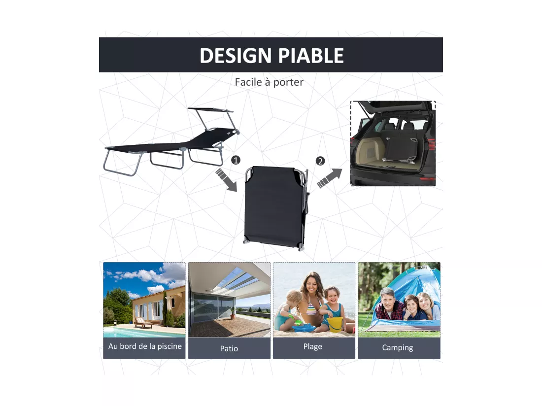 Transat bain de soleil pliable grand confort dossier et pare-soleil réglable multi-positions noir