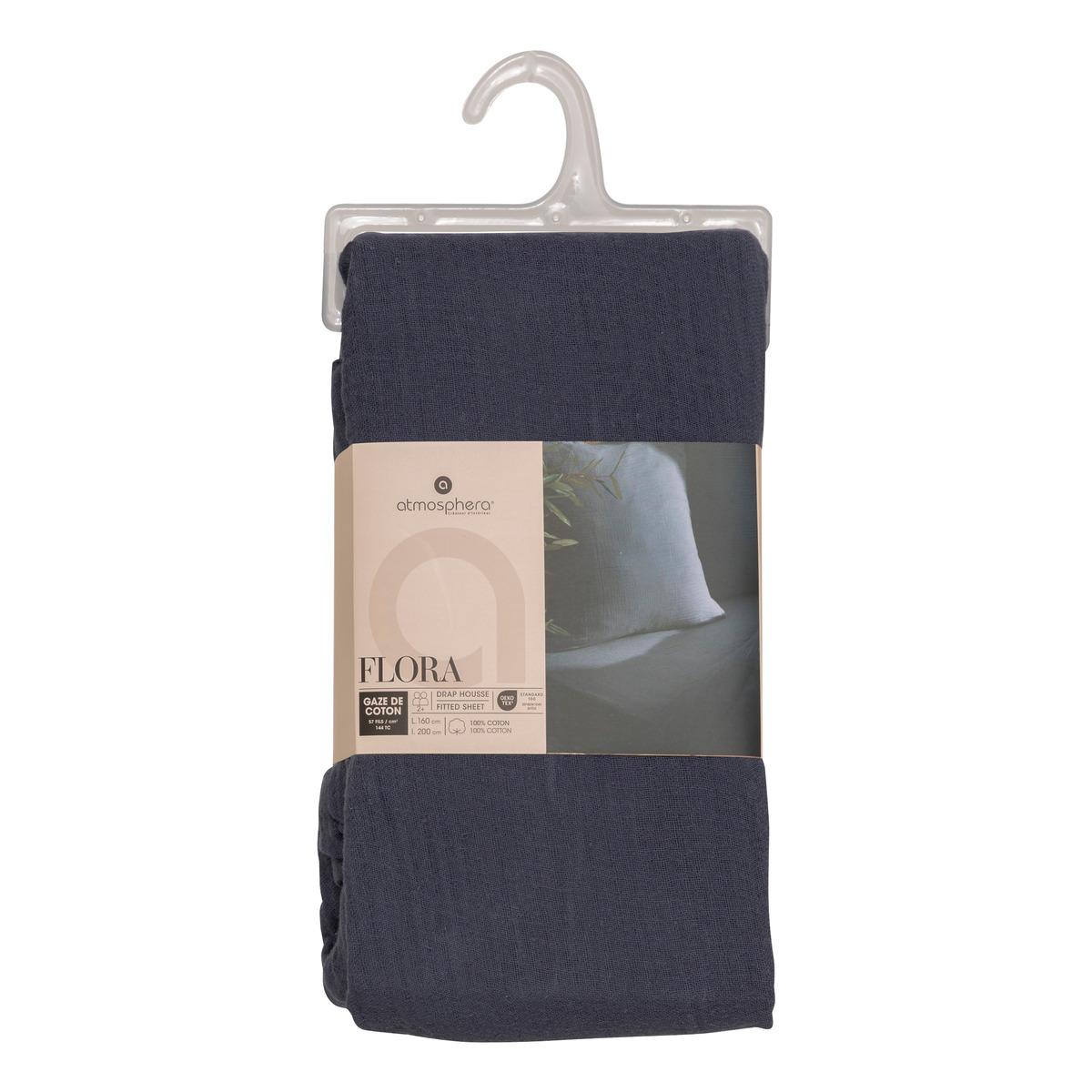 DRAP HOUSSE GAZE DE COTON BLEU 160X200CM