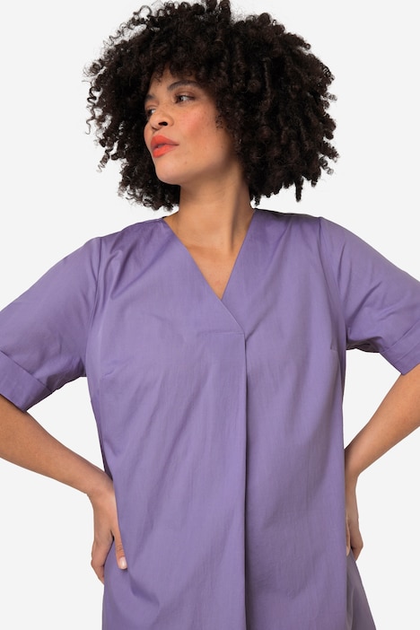 Longbluse, Popeline, V-Ausschnitt, Halbarm