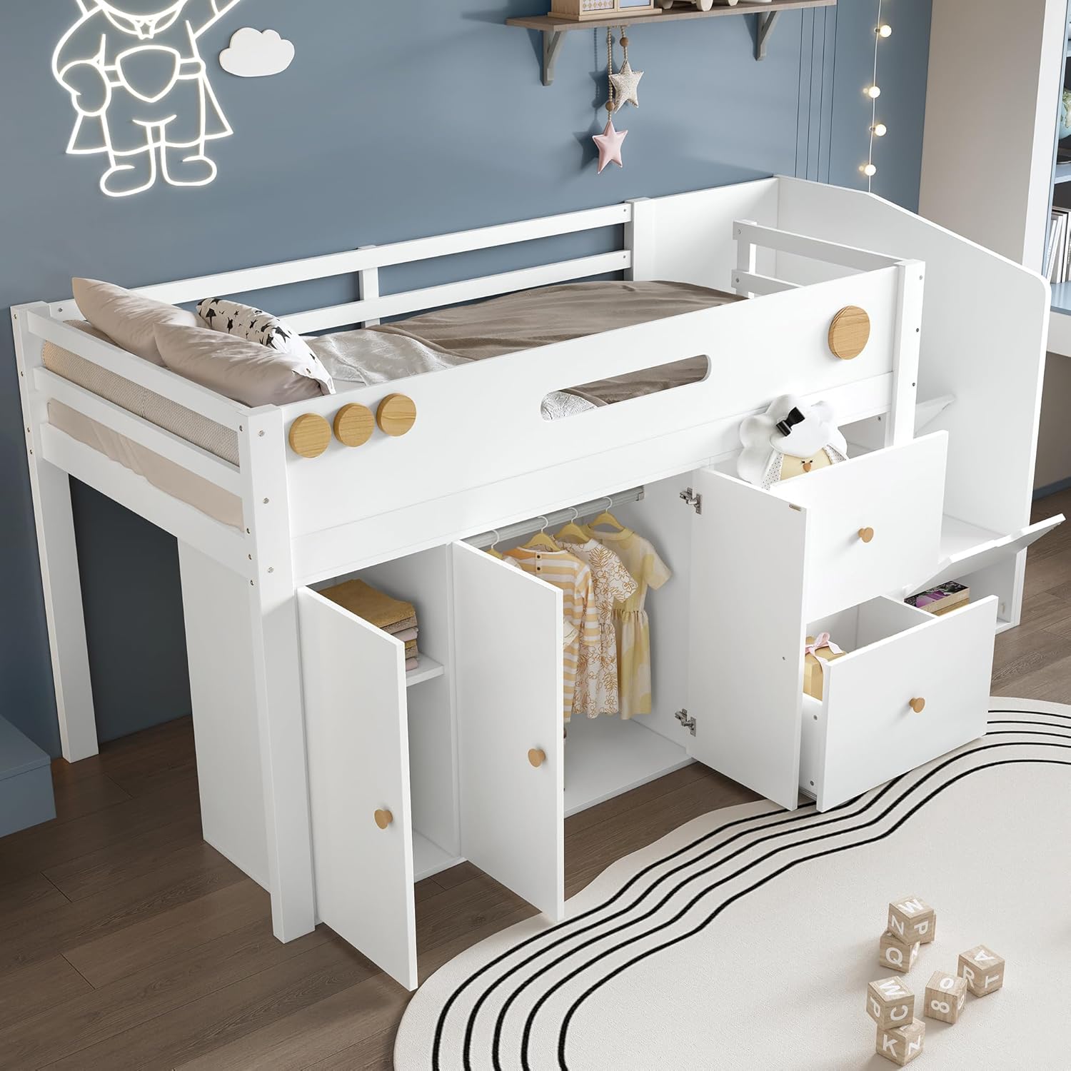 Hochbett 90x200 cm, Kinderbett mit Kleiderschrank, Treppe mit Stauraum, Funktionsbett mit 2 Größere Schubladen, Halbhohes Bett, Holzbett, Jugendbett, Weiß, ohne Matratze