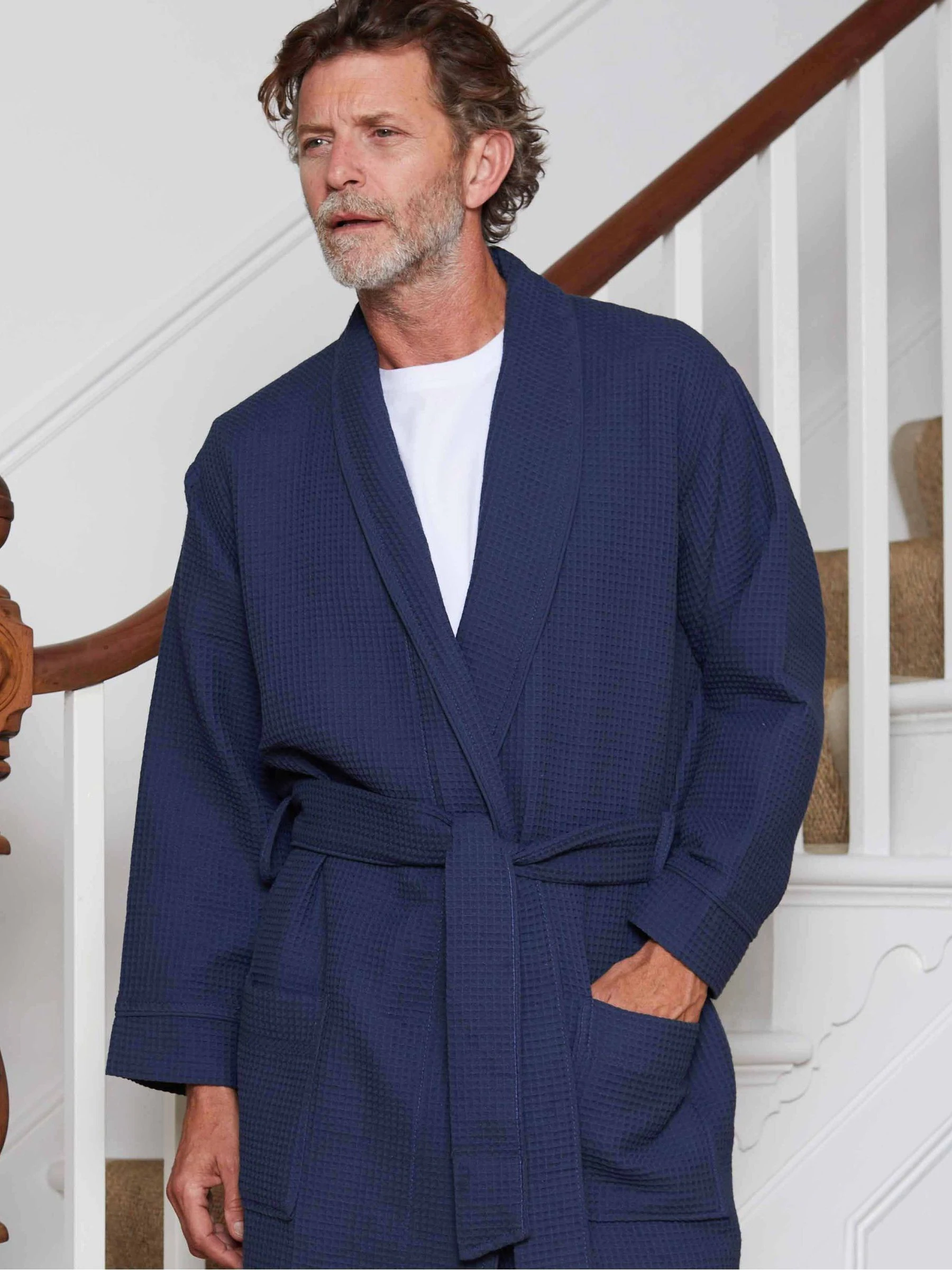 Marineblauw - Savile Row Company - Katoenen kamerjas met wafeldessin