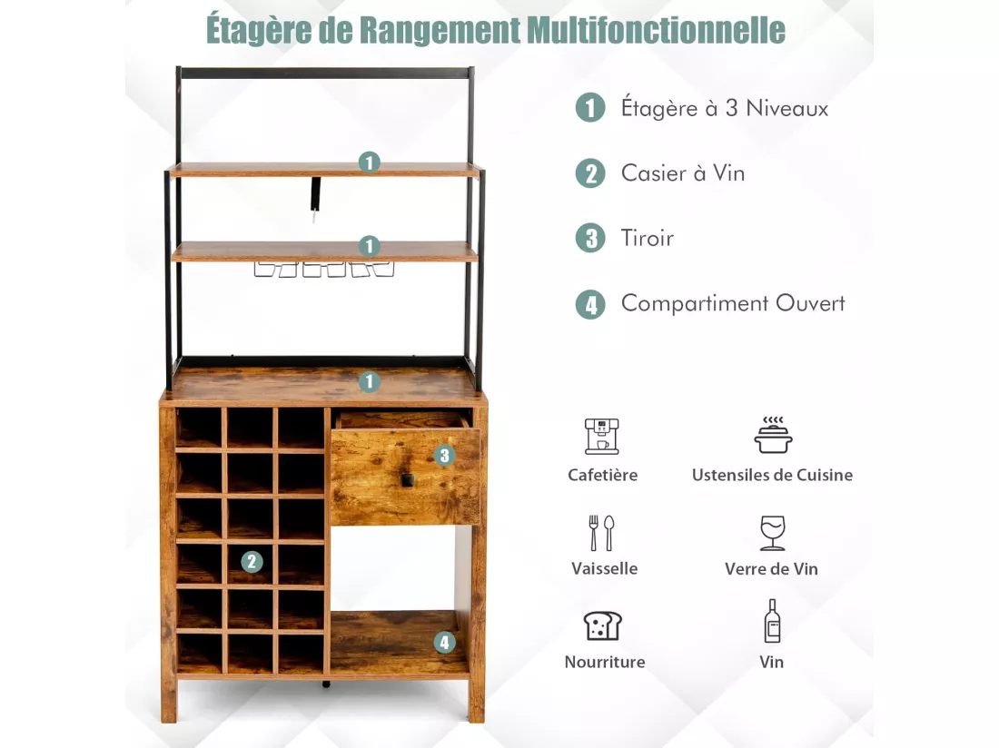 Casier à vin industriel pour 18 bouteilles, avec 4 étagères de rangement, 40 x 74 x 160 cm